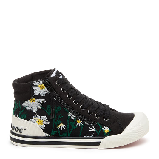 Jazzin White Embroidered Floral Black High Top Sneaker by Rocket Dog®